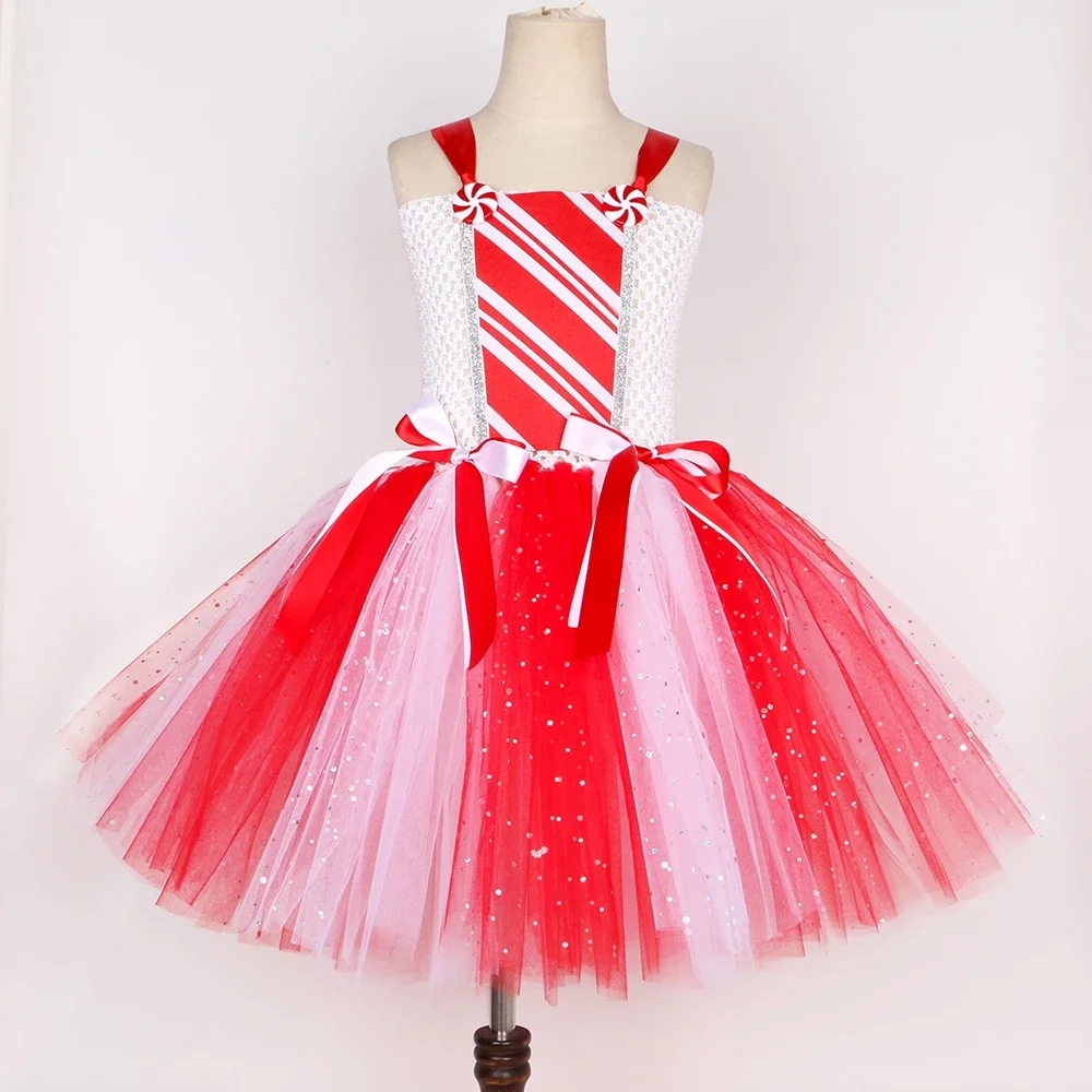 Girls Christmas Candy Cane Tutu Dress Outfits Red White Glittery Mrs Santa Claus Costume for Kids New Year Xmas Party Dresses