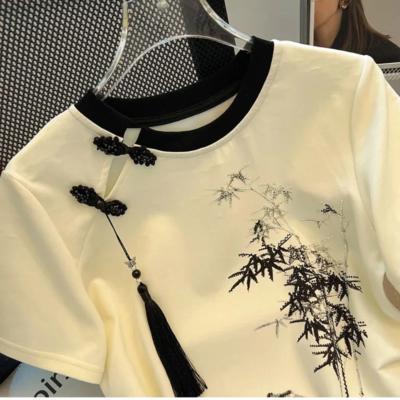 Diamond New Female T-shirts apricot Flower Women T Shirts Harajuku Fashion Thin Section Tees Tops thin Clothes Kawaii Shirts