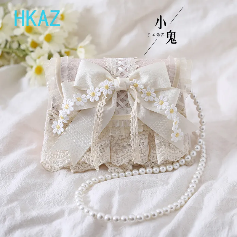 Original Lolita Sweet Cute Girl Handbag Elegant Pearl Chain Bow Cosmetic Bag Lace Chain Solid Color Versatile Messenger Bags 4