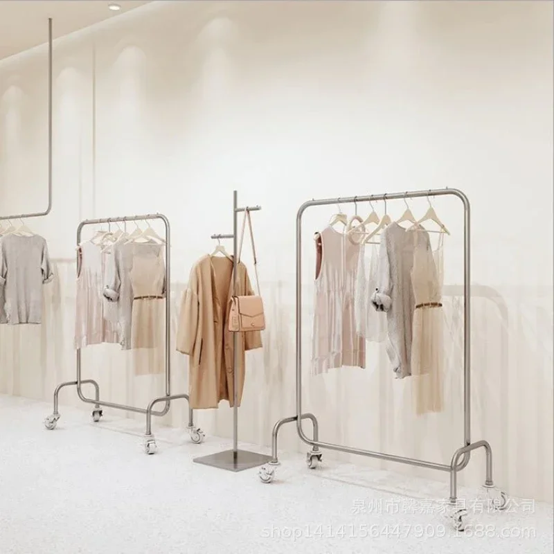 New Model Durable Clothing Store Display Rack Floor Hanger Stainless Steel Hanger With Wheel Mobile Hanger