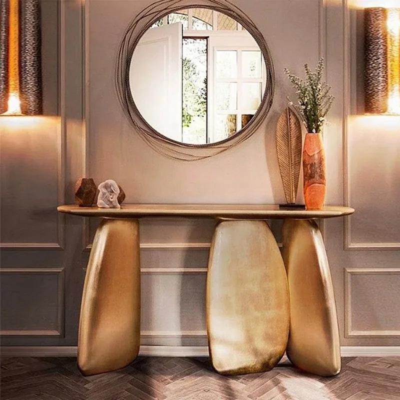 

Italian light luxury solid wood porch table, modern high-end creative home entry against the wall irregular gold bar table