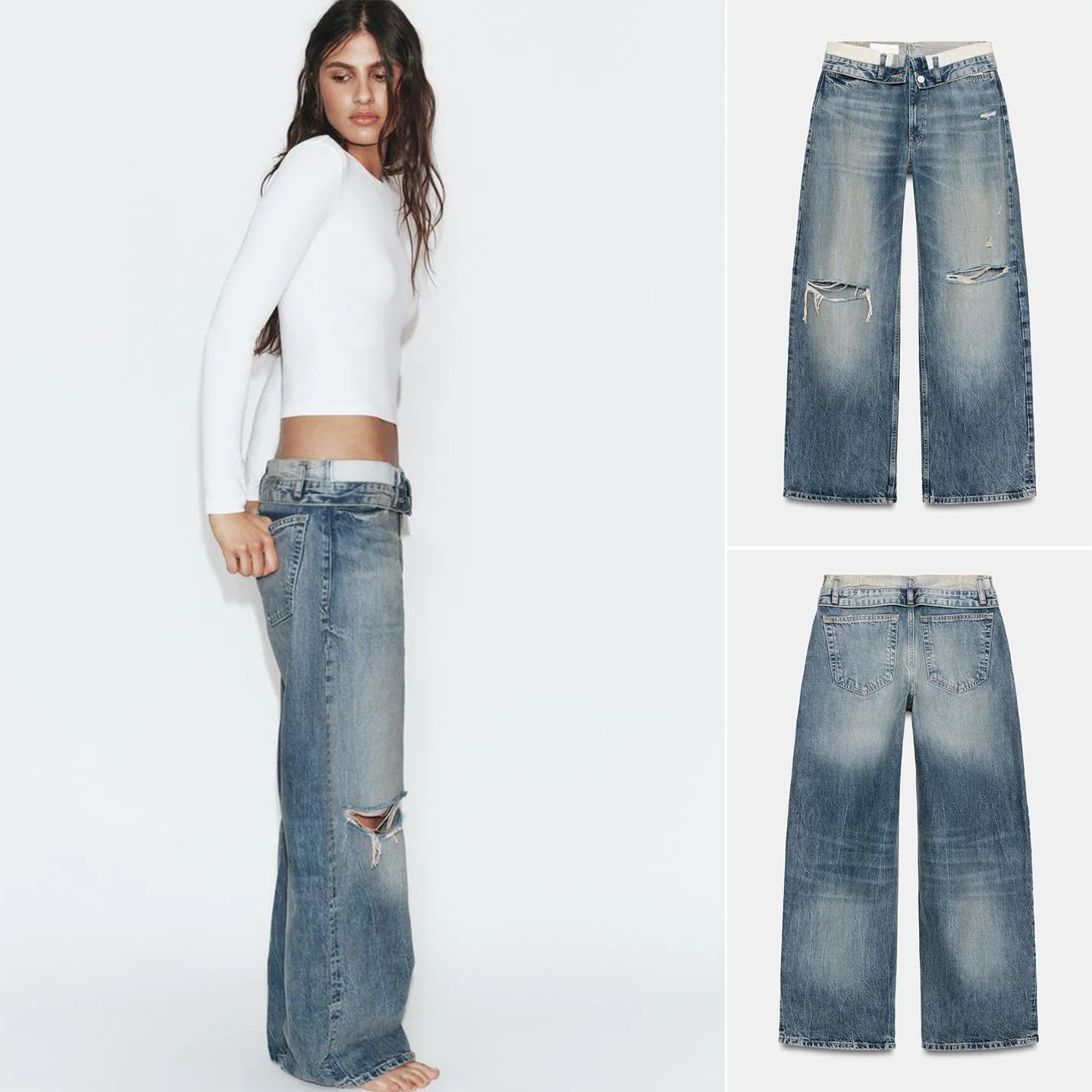 Spring New Women's Jeans Metal Button Zipper mid Waist Washed Commute Casual Cuffed Denim Pants Wide Leg Natural Waist