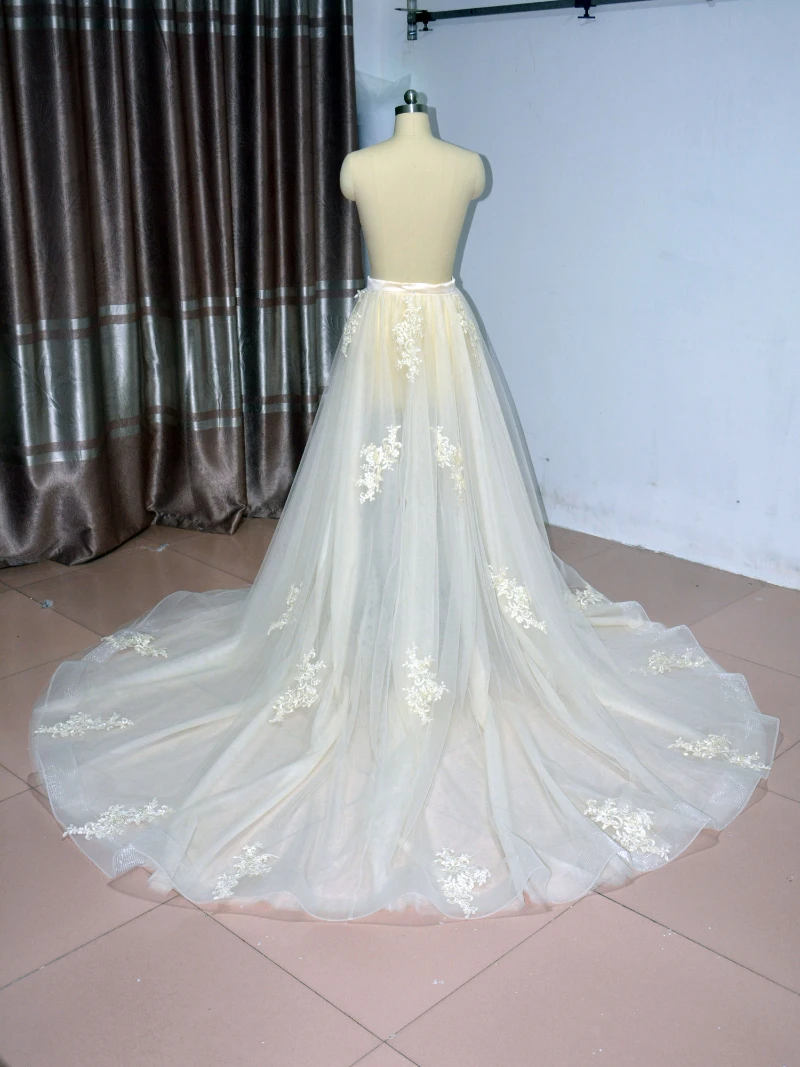 Gaun pengantin tulle 6 lapis, rok Dalaman ukuran kustom, rok applique renda kereta dapat dilepas, gaun pengantin perempuan