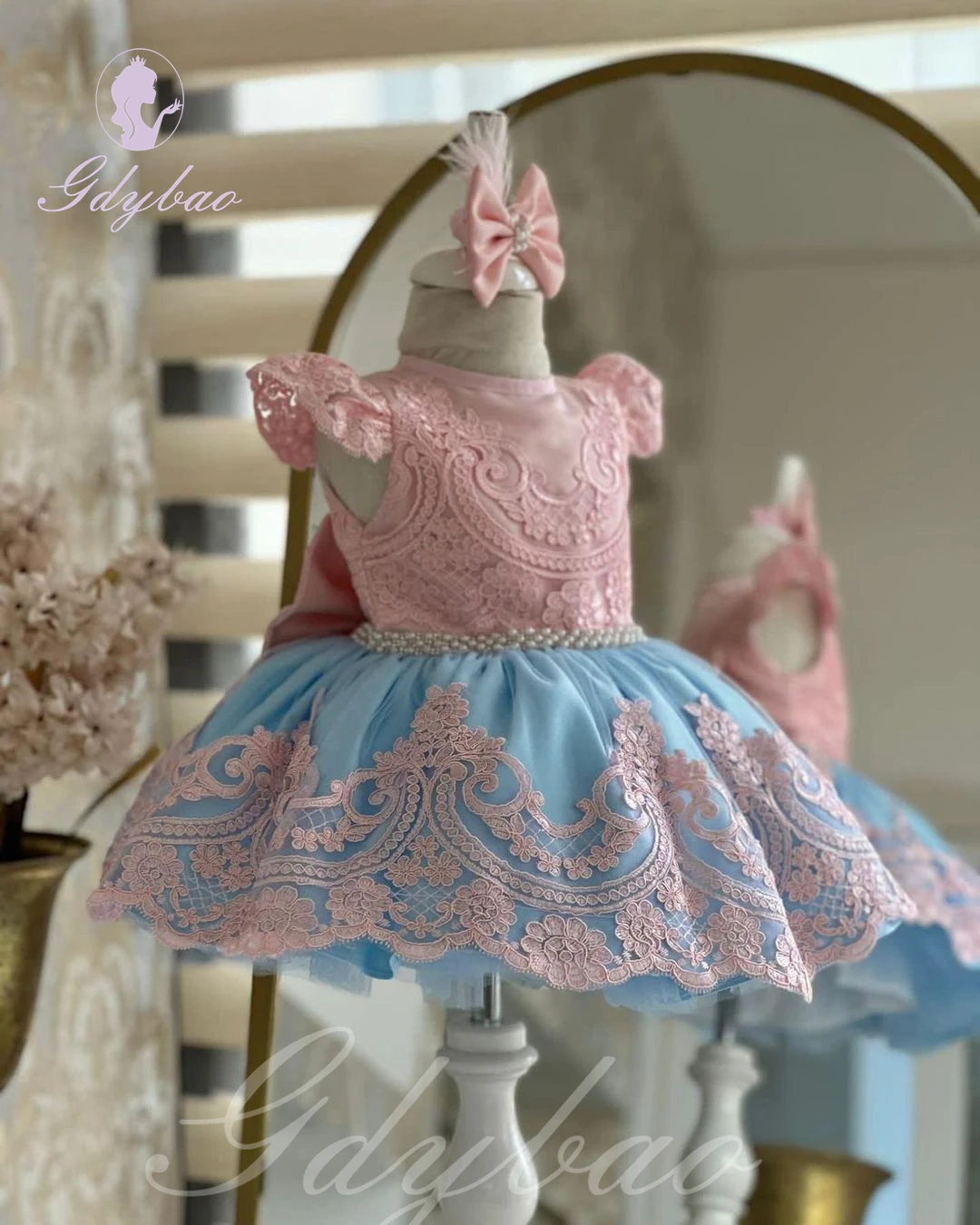 Vestido de encaje de tul rosa para niña, apliques de cuentas hinchadas con lazo, fiesta de cumpleaños para niños, vestidos de baile de primera comunión