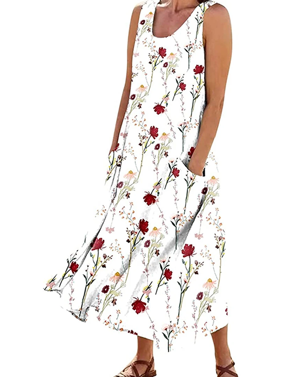 

Women s Elegant V-Neck Sleeveless Floral Print Maxi Dress with Pockets - Perfect for Summer Casual and Resort Wear