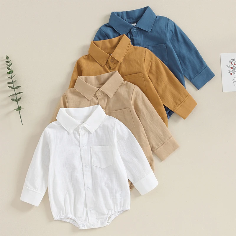 2023-08-16 Lioraitiin 0-24M Newborn Baby Boy Cotton Linen Shirt Romper Solid Long Sleeve Lapel Button Down Jumpsuit Clothes