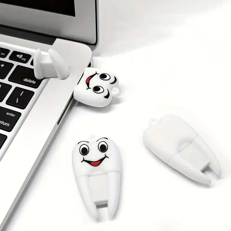 โมเดลฟันการ์ตูนสีขาวพิมพ์โลโก้ได้ตามต้องการ USB2.0แฟลชไดร์ฟ4GB 8GB 16GB 32GB 64GB 128GB