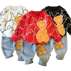 Spring Autumn Baby Boys Clothes Sets Children Fashion Cartoon Bear Long Sleeve Tops Jeans Pants 2Pcs Outfits Kids Sport Suit