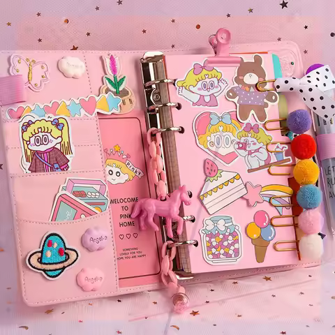 Kawaii Journal Binder Notebook Cute A6 Ring Planner PU Notepad Diary Note Book Grid Horizontal Student Diy Cute Girl's Gift