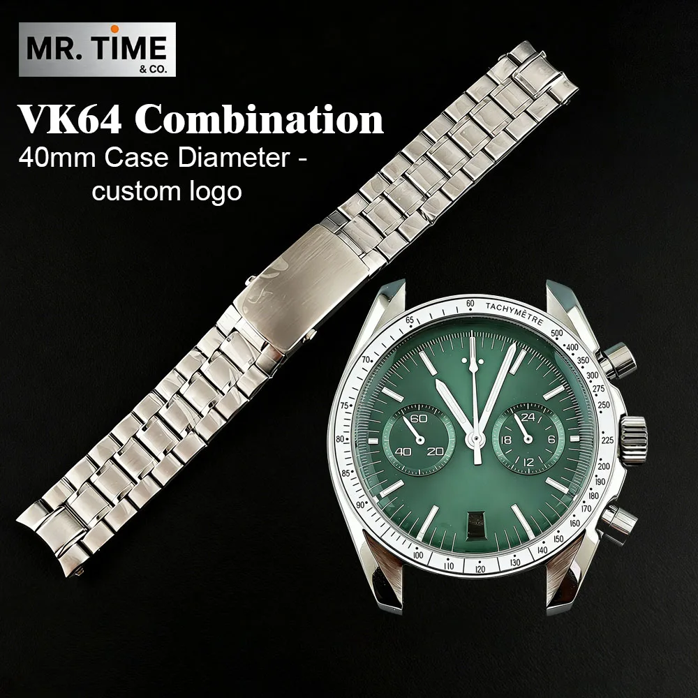 VK64 case 40mm case men's stainless steel watch panda dial green luminous dial suitable for VK64 movement watch accessories tool