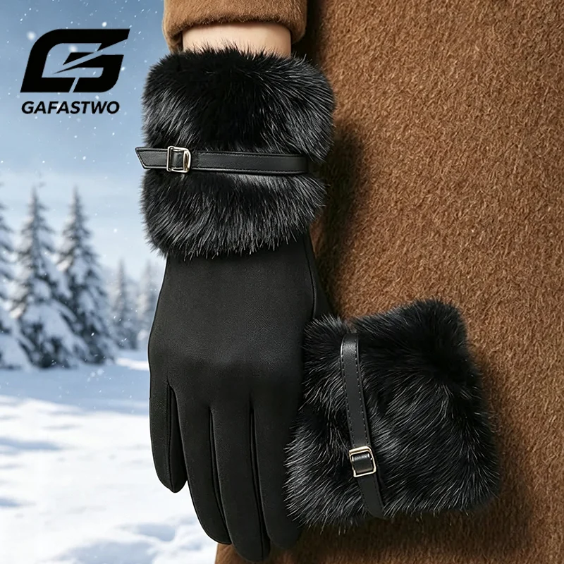 Women's Winter Gloves Warm Fleece Lined Windproof Cold-Resistant Touchscreen Compatible with Plush Decoration for Autumn Winter