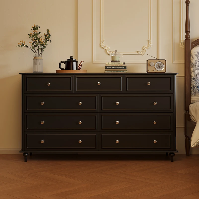 

French retro home master bedroom nine-bucket cabinet American bedside storage cabinet living room black solid wood eight-bucket