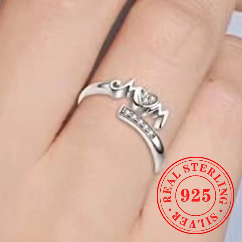 

Huitan Novel Mom Words Designed Opening Ring 925 Sterling Silver Inlaid Heart CZ Finger Accessory Meaningful Mother's Day Gift
