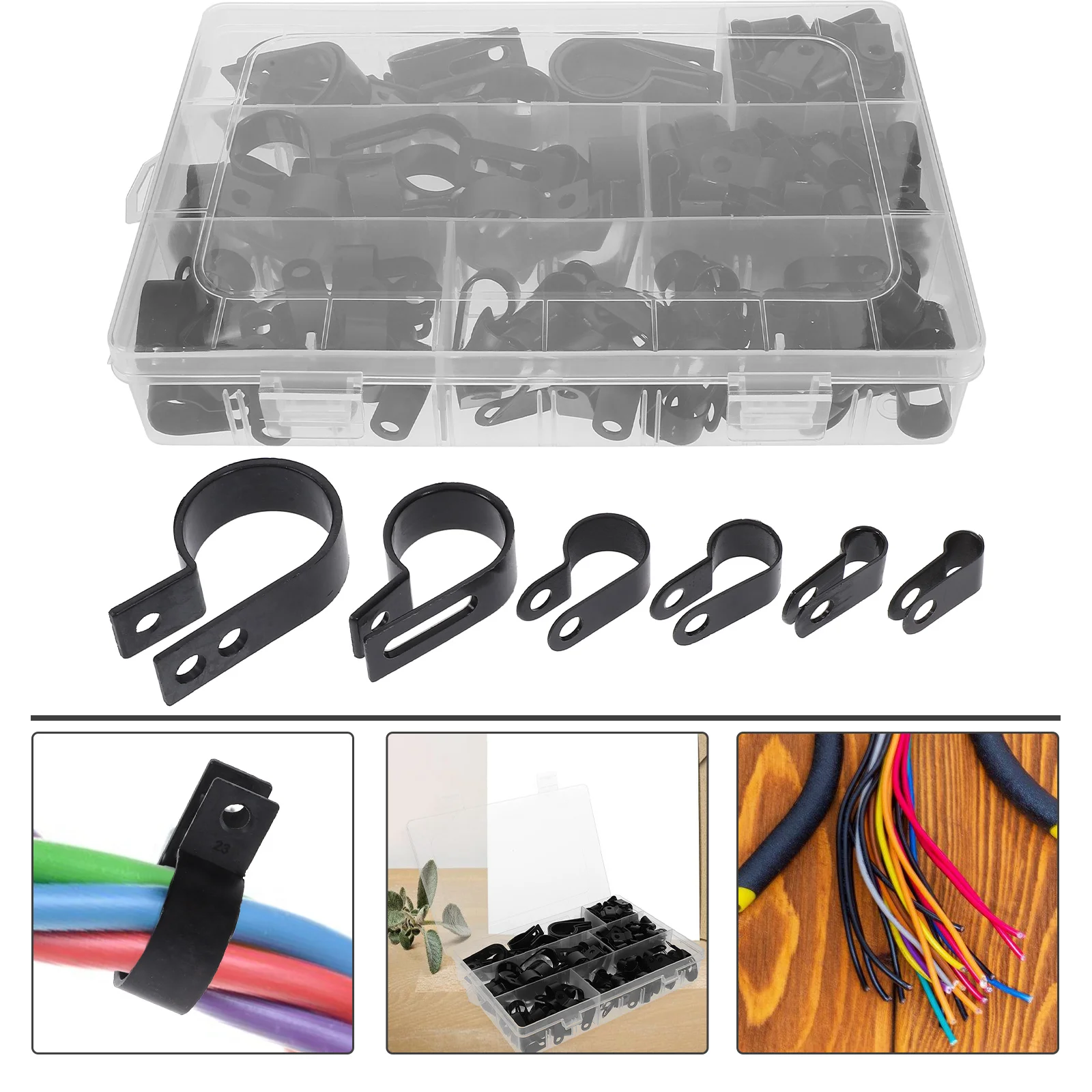 

200pcs Black Plastic P Clips Wire Clamps Cable Holders Durable Nylon For Cables Pipes Automotive Storage Included