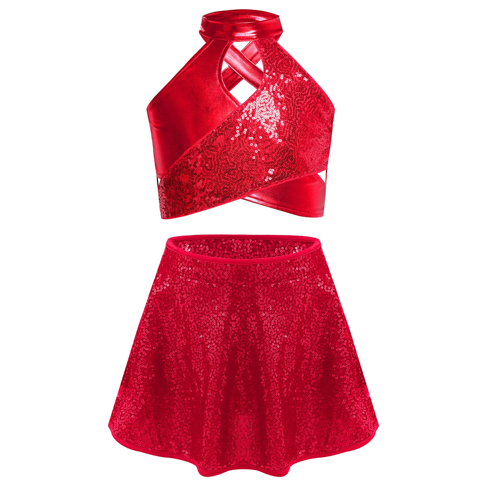 

Kids Girls Jazz Latin Dance Costume Sparkly Sequins Metallic Cross Keyhole Crop Top+Sequined Skirt for Stage Dance Streetwear