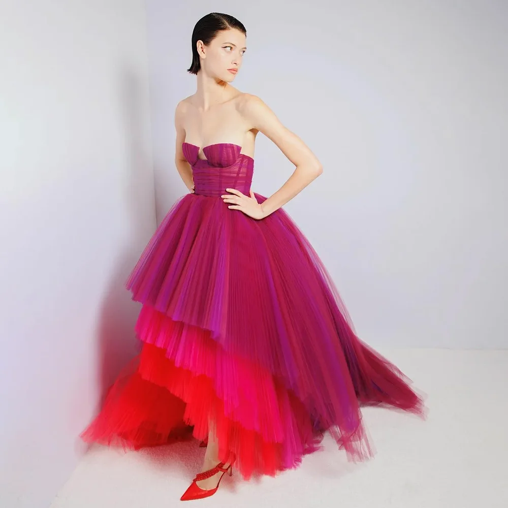 Fashion Multi-Colored Tiered Pleat Evening Dress Chic Strapless Floor Length Sweep Train High/Low Gowns Prom Party Dresses 2024