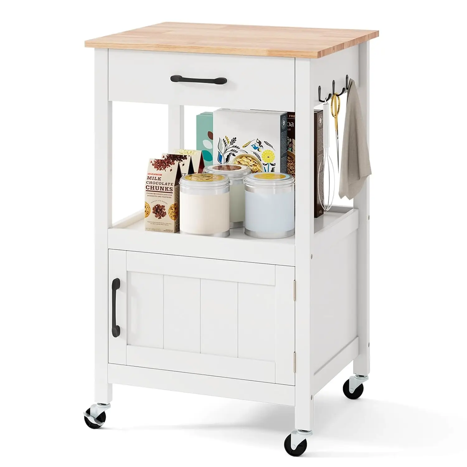 

Kitchen Cart with Storage, Small Kitchen Island on Wheels w/Drawer, 3 Hooks, Rolling Trolley w/Wood Butcher Countertop, Door Cab