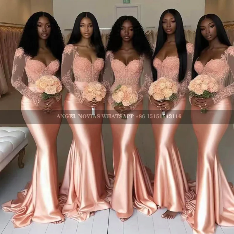 Long Sleeves Mermaid Peach African Bridesmaid Dresses Wedding Party Gowns vestido de festas elegante casamento