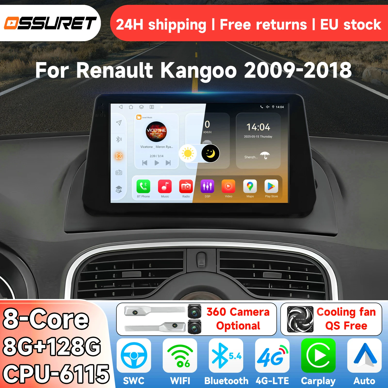OSSURET Android14 Autoradio pour Renault Kangoo 2009-2018 Système Intelligent Carplay Lecteur Multimédia Vidéo GPS 4G 6115