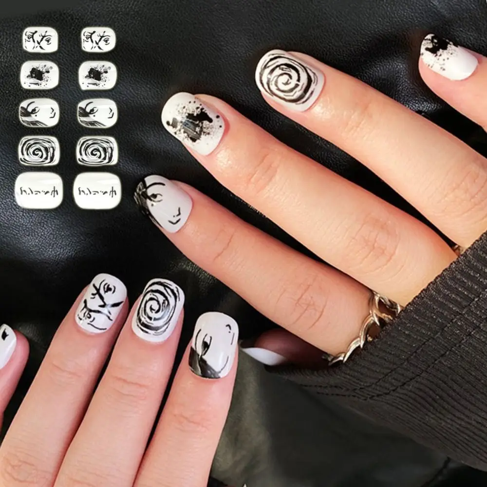 

24 шт., маникюрные накладные ногти, короткие квадратные черные граффити, накладные ногти во французском стиле