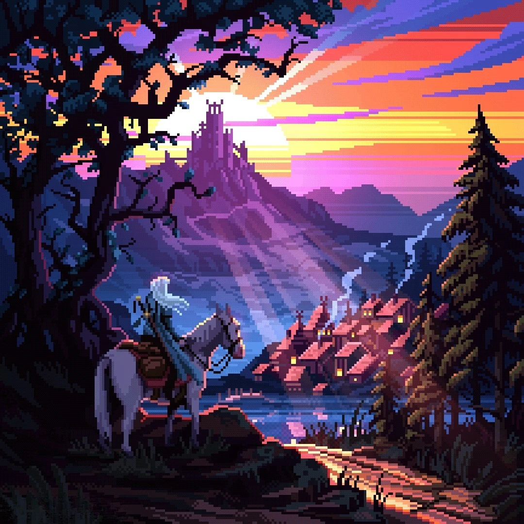 Fantasy Sunset Pixel Landscape Diamond Painting, Knight Riding Horse in Medieval Forest, DIY Handmade Diamond Art Picture
