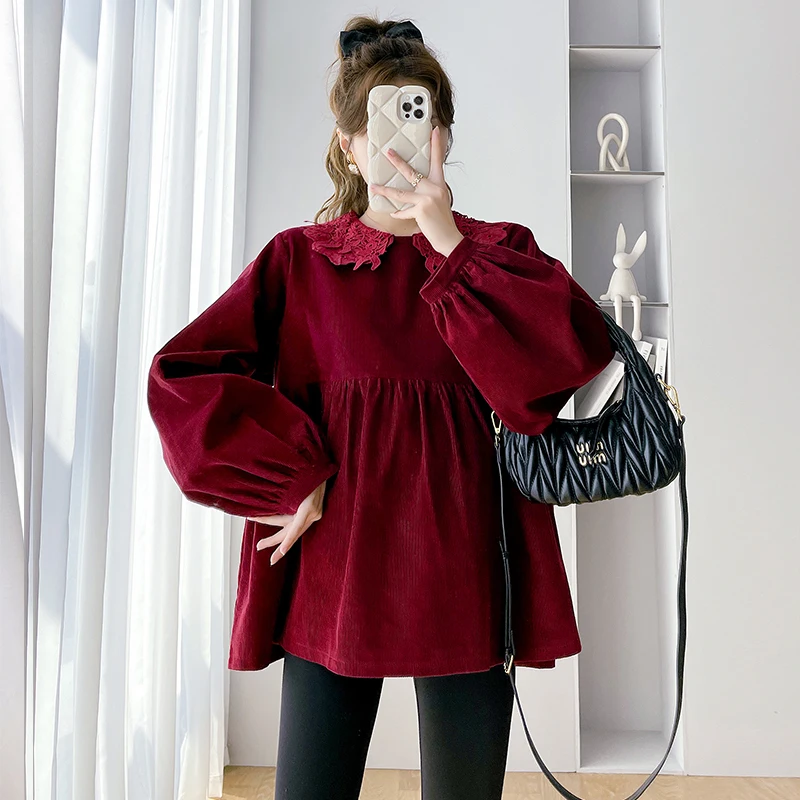 2024 Spring Pregnant Women Clothes Set Retro Lace Lapel Collar Doll Shirt+Black Legging Sweet Corduroy Top Maternity Pants Suits