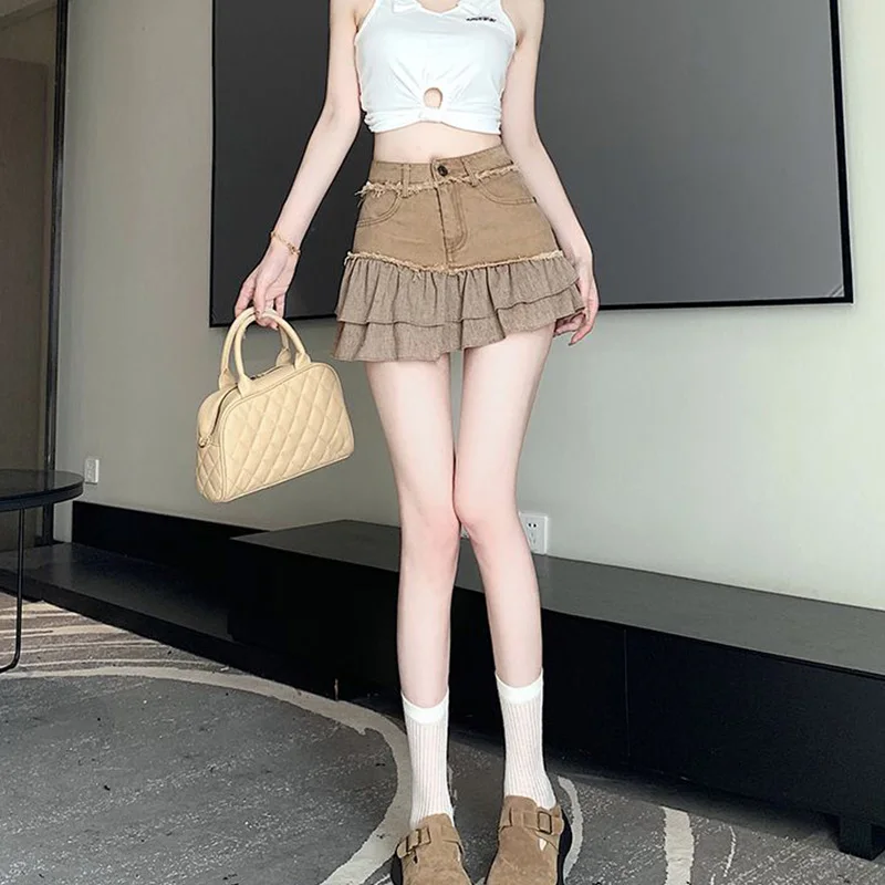 Summer Korean Fashion Patchwork A-line Skirt Female Sweet Buttons Irregular High Waist Pleated Skirt Women Clothing Preppy Style