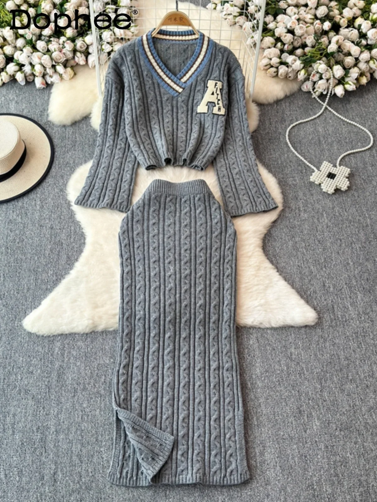 Korean Style Knitted Suit Autumn Winter Retro Twist Pattern V-neck Knitted Sweater and Split Skirt Two-piece Set Womens Outfits