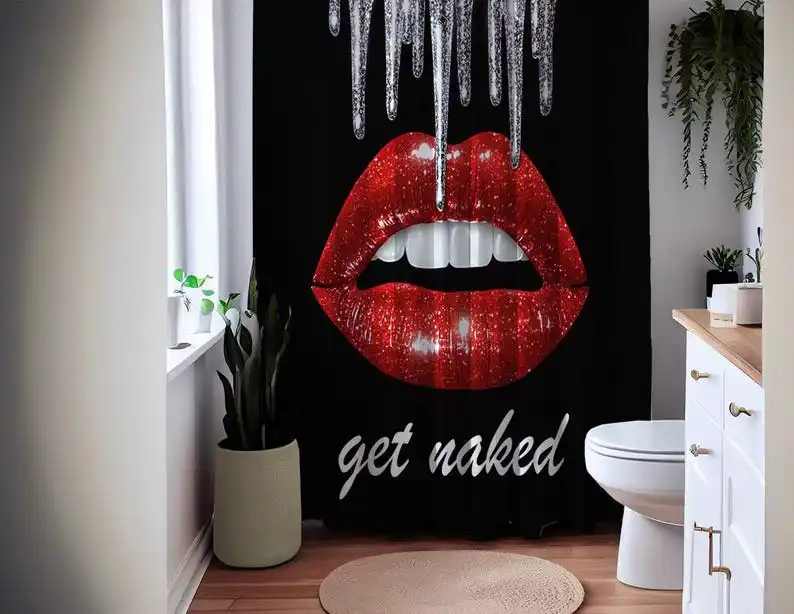 Get Naked Shower Curtain – Glam Red Lips and Silver Drips – Bold Bathroom Statement Art