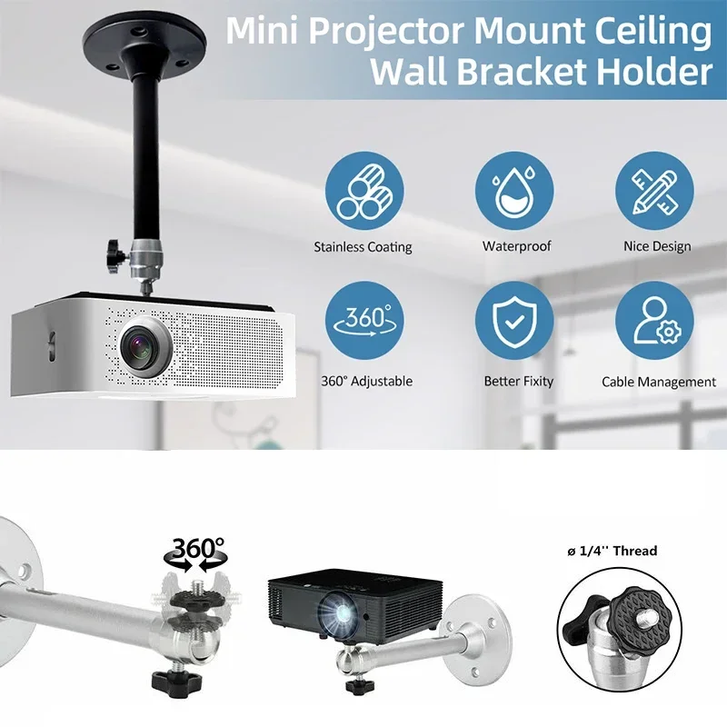360 Rotatable Aluminum Ceiling Wall Mount Bracket For HY300 HY320 Portable Projector Beamer Holder Adjustable Angle