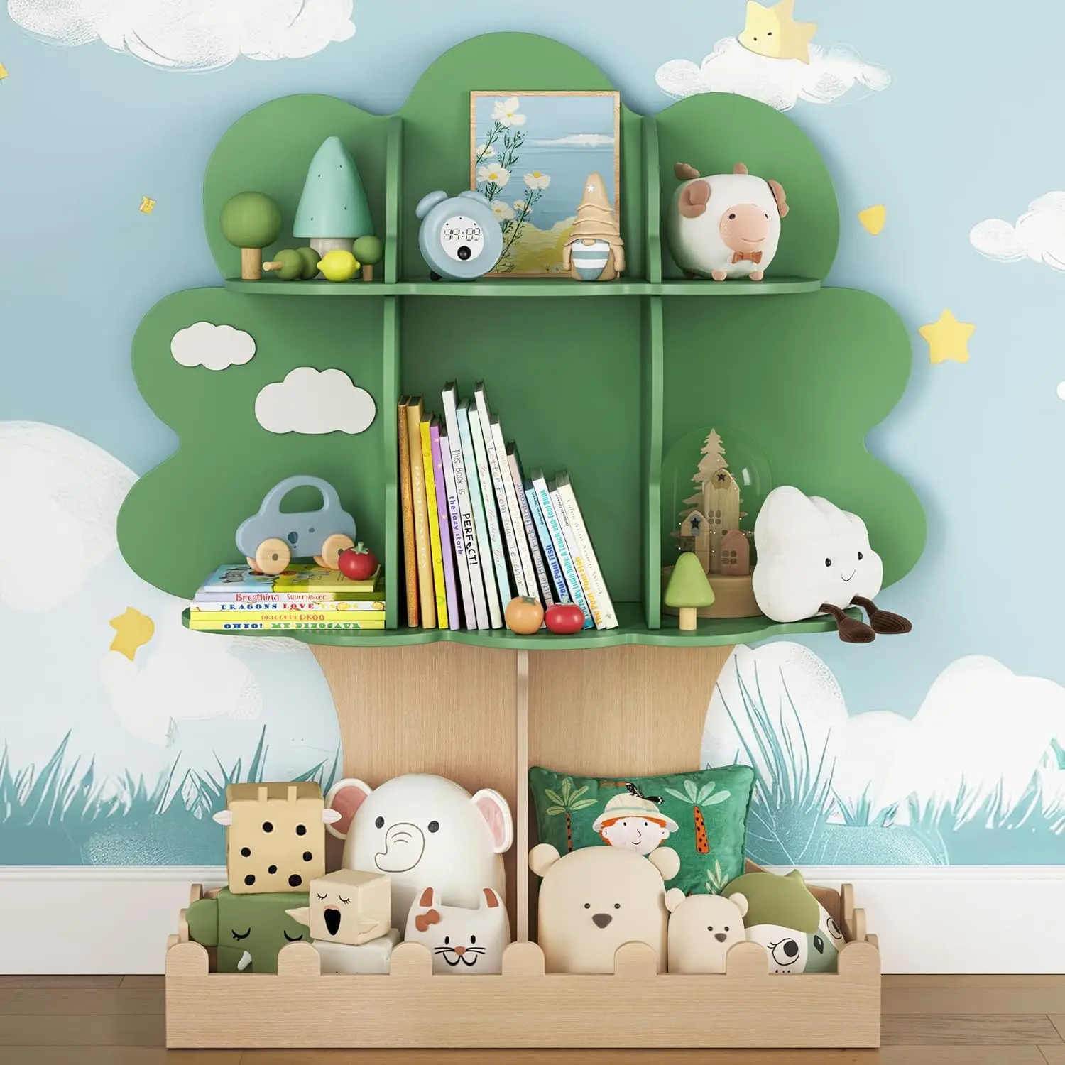 Étagère en bois avec clôture astronomique pour enfants, bibliothèque pour tout-petits, bibliothèque Montessori pour bébé et rangement de jouets