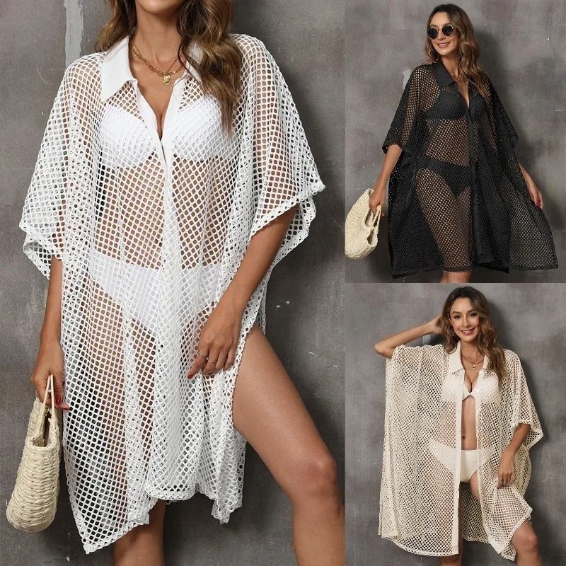 1pcs 2026 New Women Dress Solid Color Beach Cover Up Mesh Shirt Loose Vacation Bathing Suit