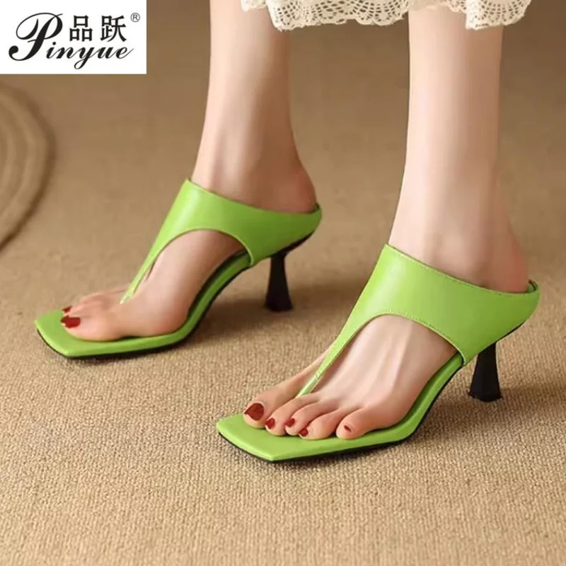 

7.5cm Elegant Flip Flops Summer Shoes Woman Black Green Slippers Sexy Thin High Heels Sandals Slides Shoes Plus Size 32-43