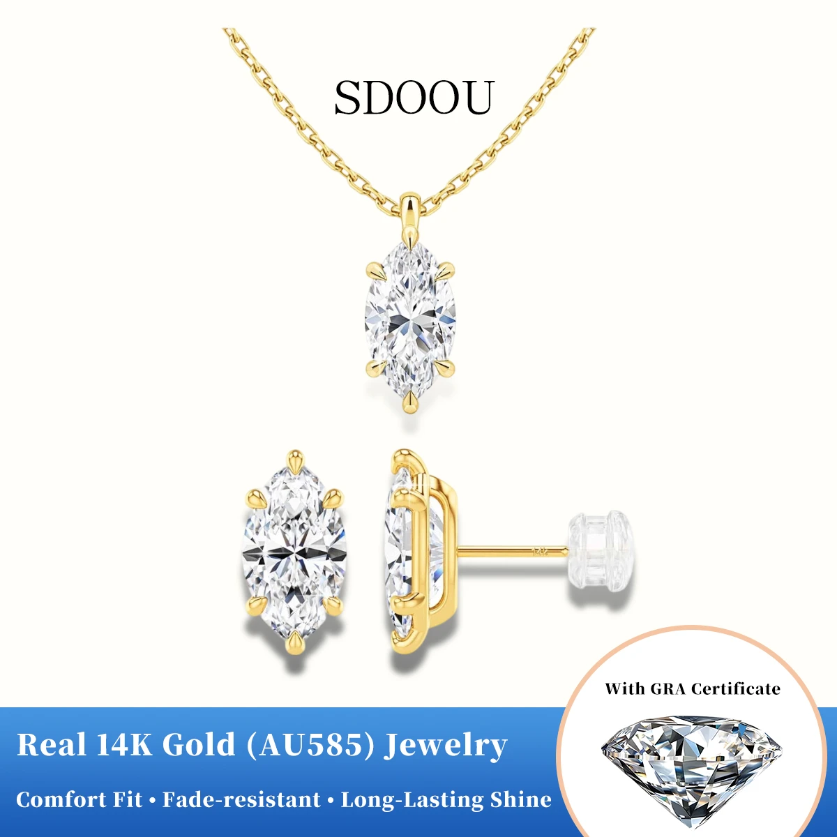 SDOOU Real 14K Gold Solitaire Drop Necklace for Girls Simple Marquise Cut 0.5-2CT Moissanite Stud Earrings Dinner Party Jewelry
