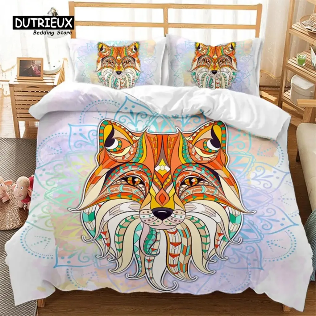 Exotic Ethnic Animals Duvet Cover King For Kid Adult Bohemian Mandala Bedding Set Microfiber Colorful Deer Wolf Head Quilt Cover