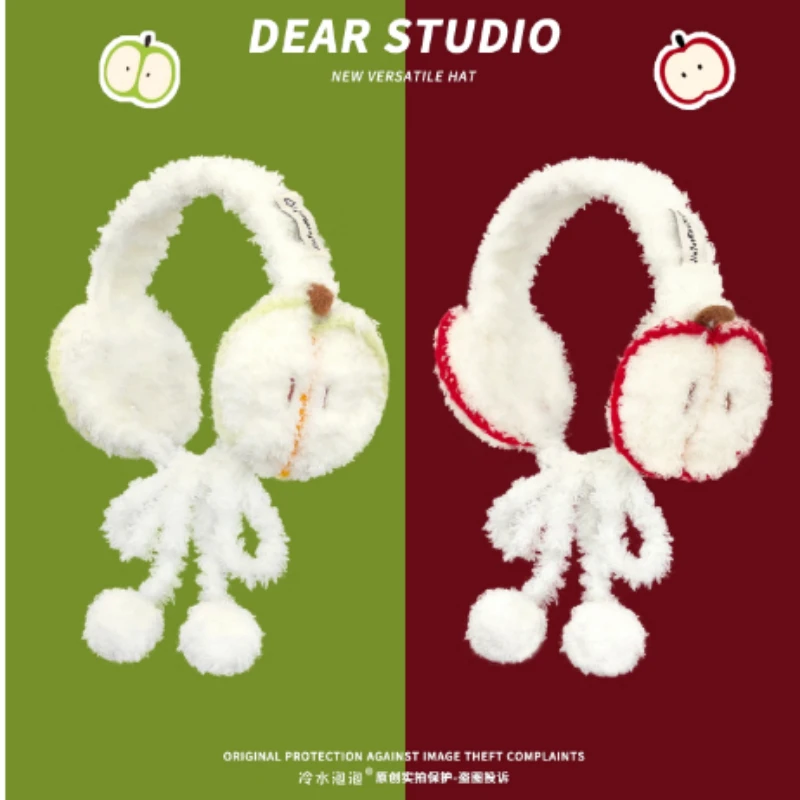 Niche Cute Apple Design Christmas Plush Earmuffs Winter Outdoor Warmt and Versatile Ear Protection Knitted Headband for Women's