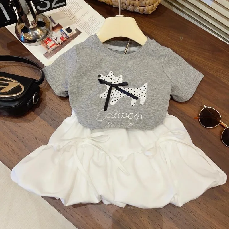 Summer New Girls Clothing Set Cartoon Dog Polka Dot Print Short Sleeve+White Bow Bud Skirt 2Pcs For 1-6Y Kids Stylish Outfit