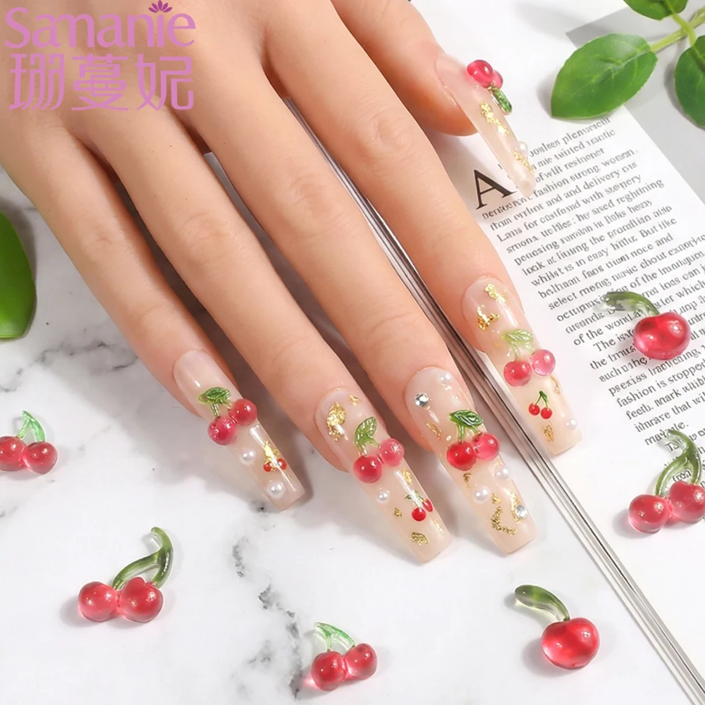 3D Ice Transparent Red Flat Bottomed Cherry 30PCS Kawaii Creative Simulated Cherry Resin Nail Charms Nail Art Decorations DIY