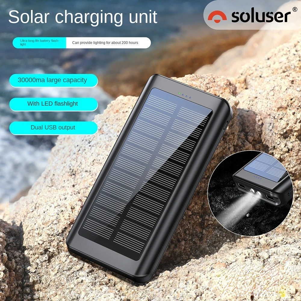 PSE Ultra-thin Mobile Power 30000mAh Solar Charging Battery 5V2.1A Two-way Fast Charging Battery Outdoor Strong Light Flashlight