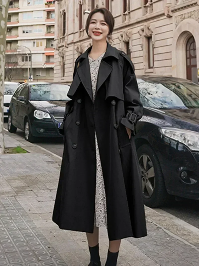 Gabardina larga de doble botonadura con cuello en V para mujer, abrigo informal ajustado de Color sólido, elegante, 2022