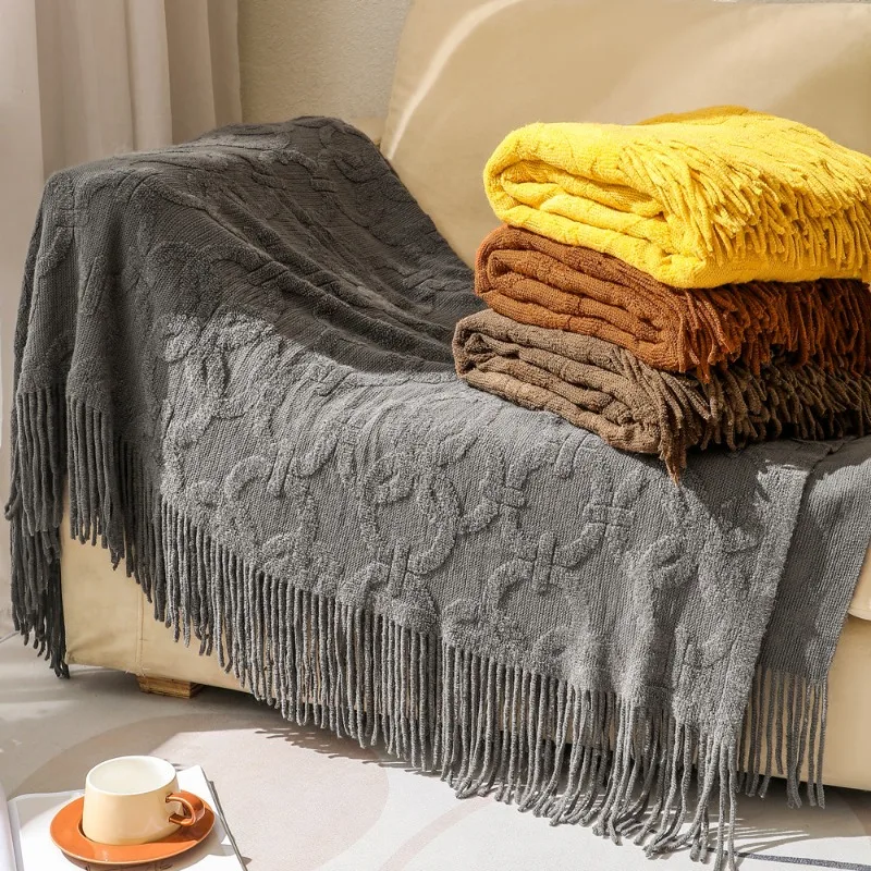 New Modern Sofa Chair Home Decoration Comfortable Solid Acrylic Tassel Knitted Throwing Blanket Office Rest Nap
