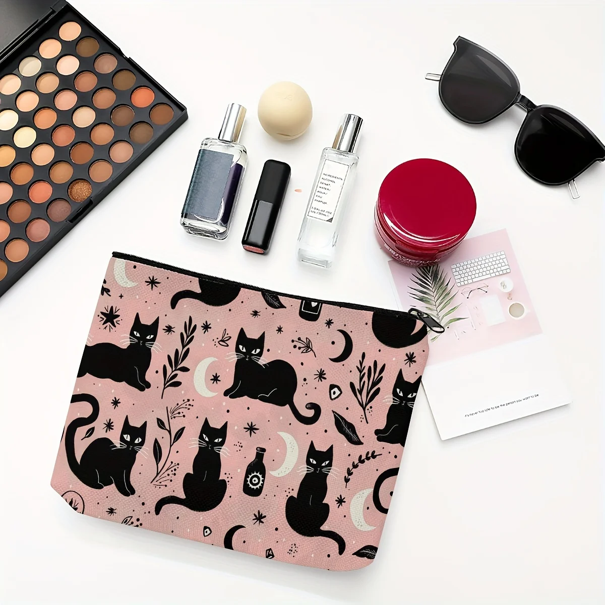 Black Cat Moon Star Zipper Makeup Bag Bohemian Witchy Botanical Celestial Print Cosmetic Pouch Portable Ladies Storage Purse