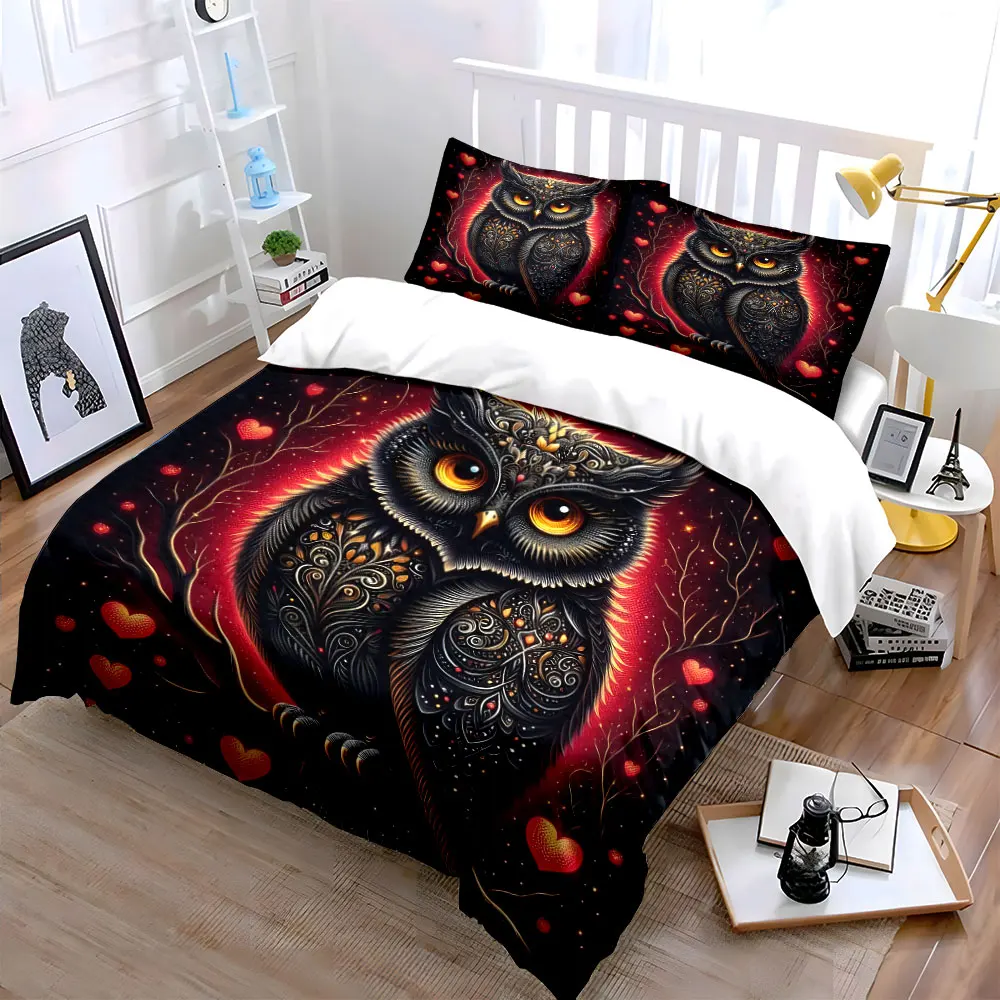 Ornate owls with heart background Printed Duvet Cover Set1 Duvet Cover+2 PillowcaseMulti Size Bedroom Bedding Decoration