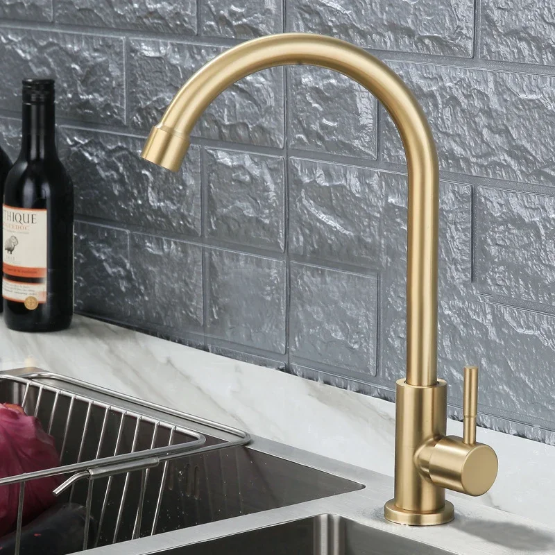 Brass Kitchen Faucet Antique Finish Single Handle High Quality Retro Only Cold Water Faucet 360 Swivel Basin Sink Tap Brush Gold
