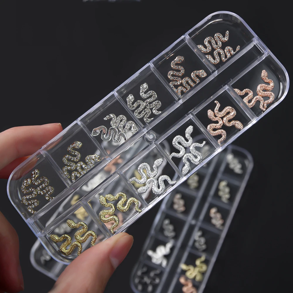 12Grids Silver/Gold Zircon Large Snake Bling Nail Charms 3D Nail Art Decoration Alloy Nail Charms Jewelry for Nail Luxury Nails