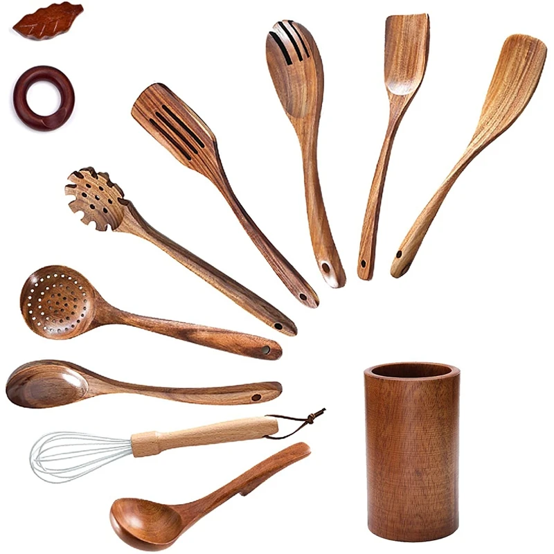 

Wooden Spoons For Cooking,Wooden Cooking Utensils Set With Wood Holder,Non-Stick Pan Kitchen Tool Wooden Cooking Spoon