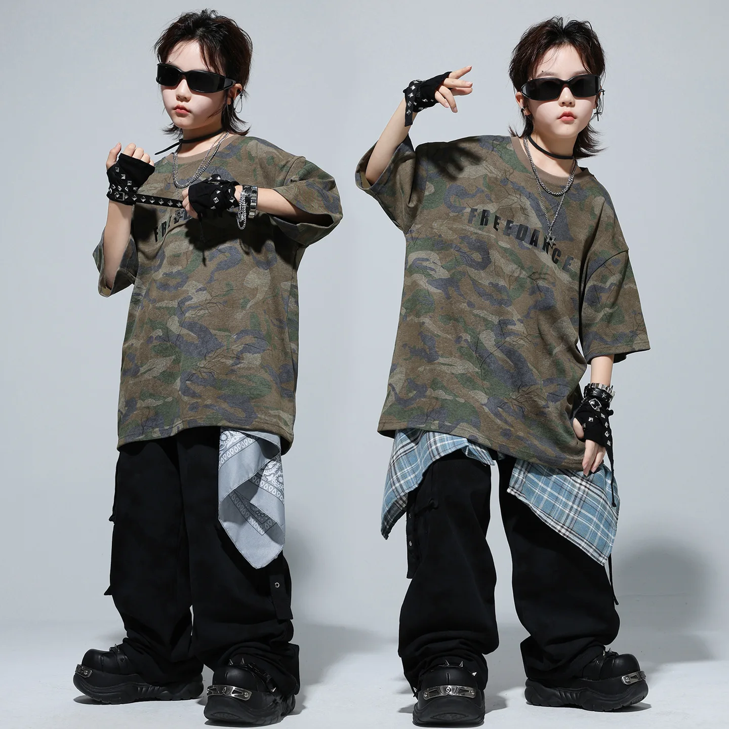 

Kid Kpop Hip Hop Clothing Camo Print T Shirt Black Tie Dye Casual Strap Cargo Pants for Girl Boy Jazz Dance Wear Costume Clothes