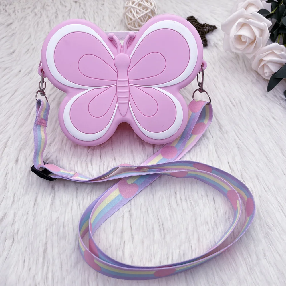 Sac à bandoulière papillon dessin animé pour enfants, poudres de téléphone en silicone, sacs initiés, joli sac à main pour filles, sacs à main