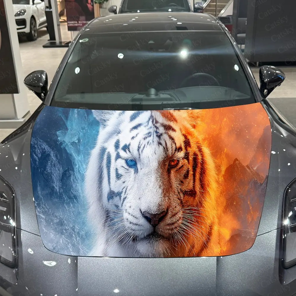 Ice Fire Tiger Trend Duel car Hood Wrap Color Vinyl Sticker Truck Graphic Bonnet Auto Accessories Decor Protect Decal Gift