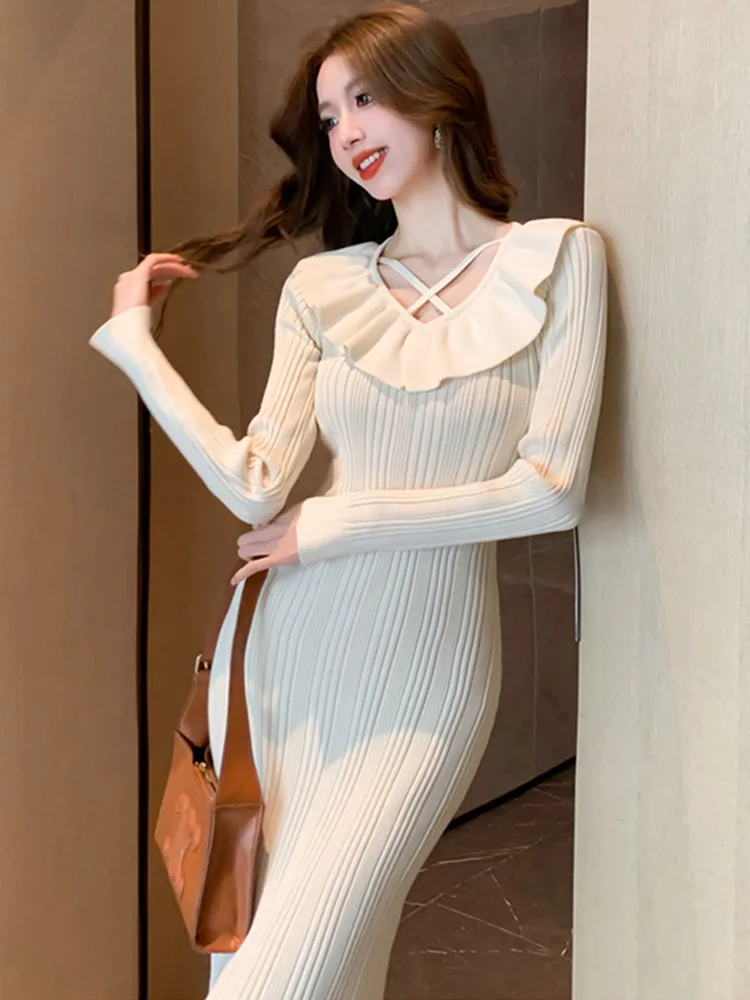 SMTHMA Women Autumn Ruffle Knitted Dress O Neck Sexy Slim Elastic Bodycon Sweater Dress Winter Knit Warm  Mermaid Long Dress